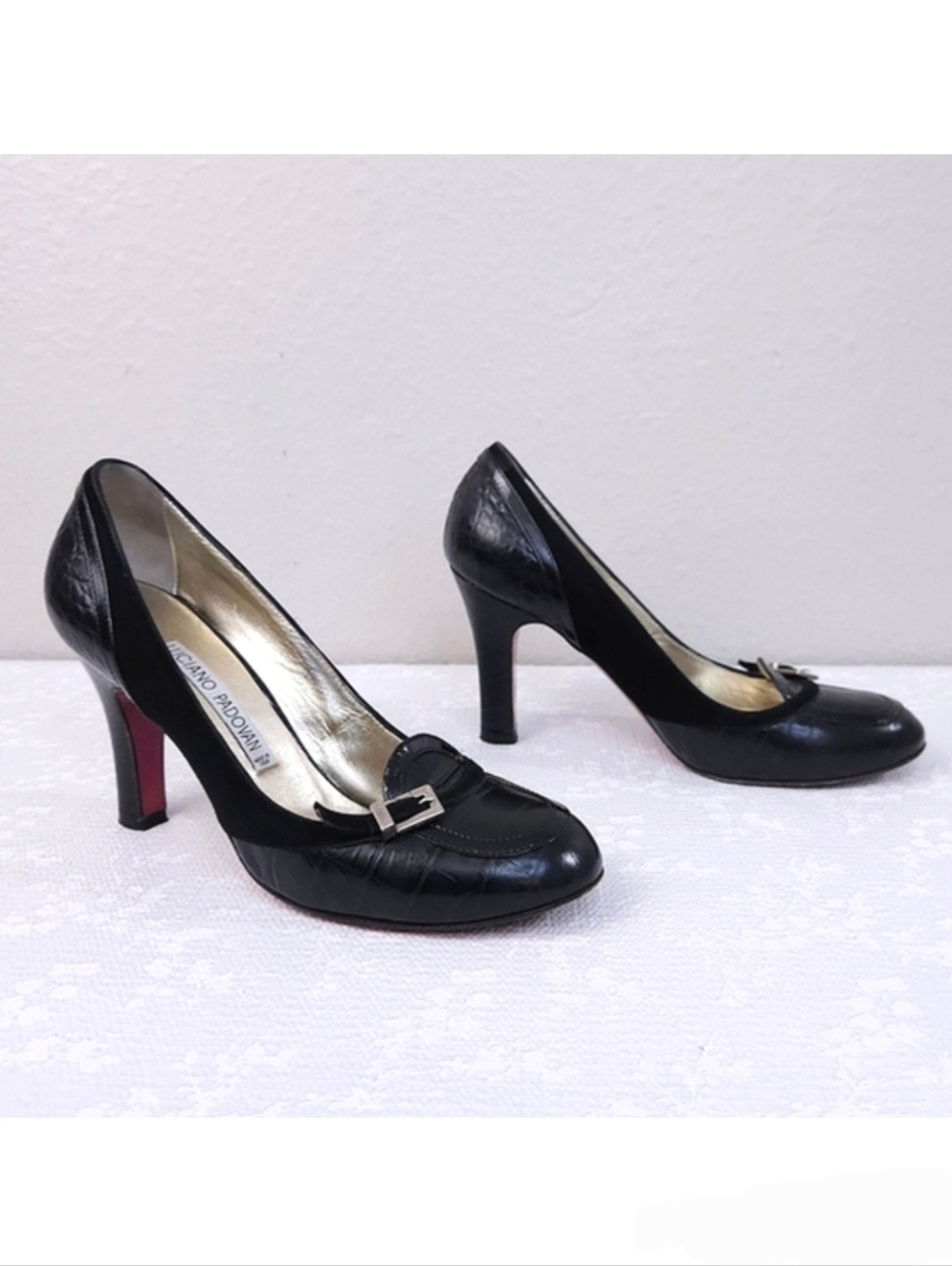 Luciano Padovan Snake Embossed Pumps Black Leather Heels US 6 ITALY